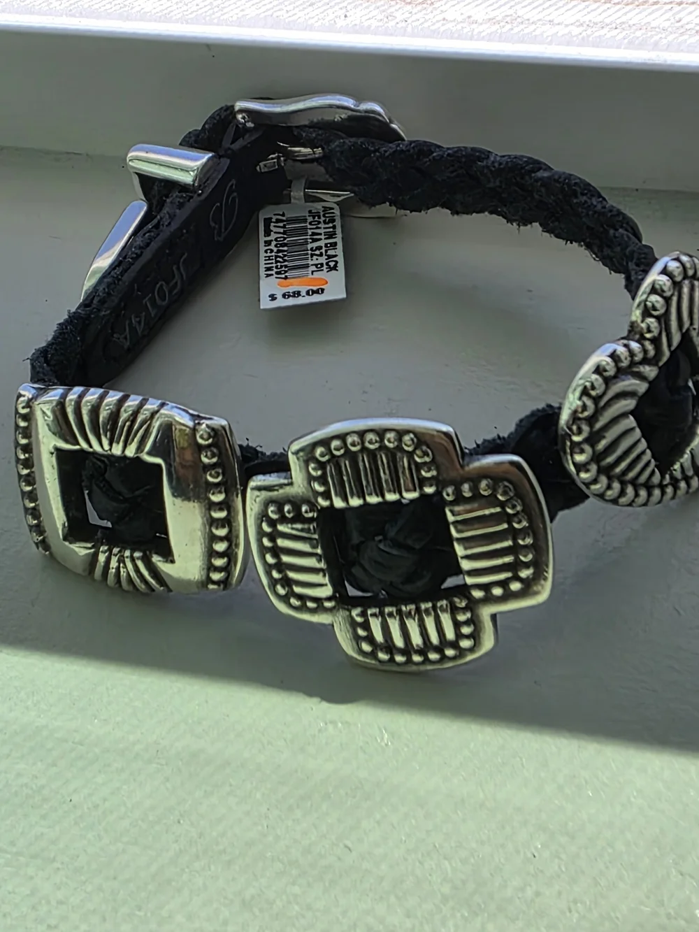 Brighton BANDIT Black Braided Leather Bracelet Silver WESTERN Buckle Belt NEW$68